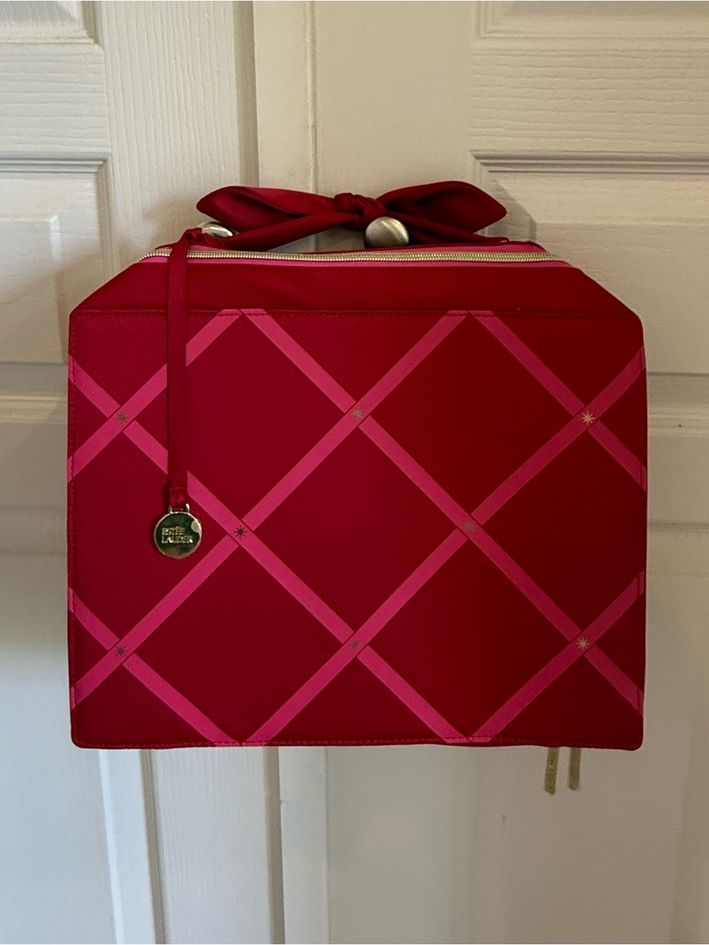 Estee Lauder Red Cosmetic Case with Pink Ribbon Detail